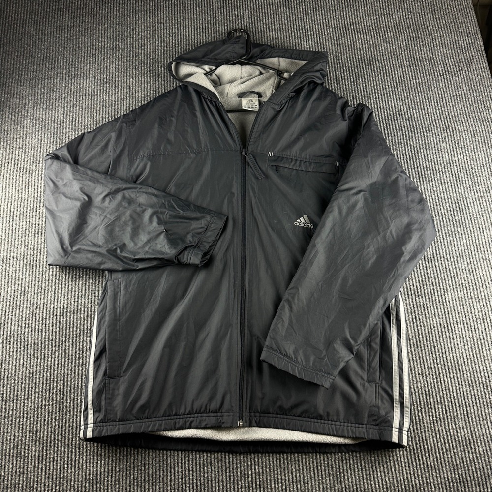 Vintage Adidas Mens Black Fleece Lined Hooded Windbreaker Jacket Large AO2001